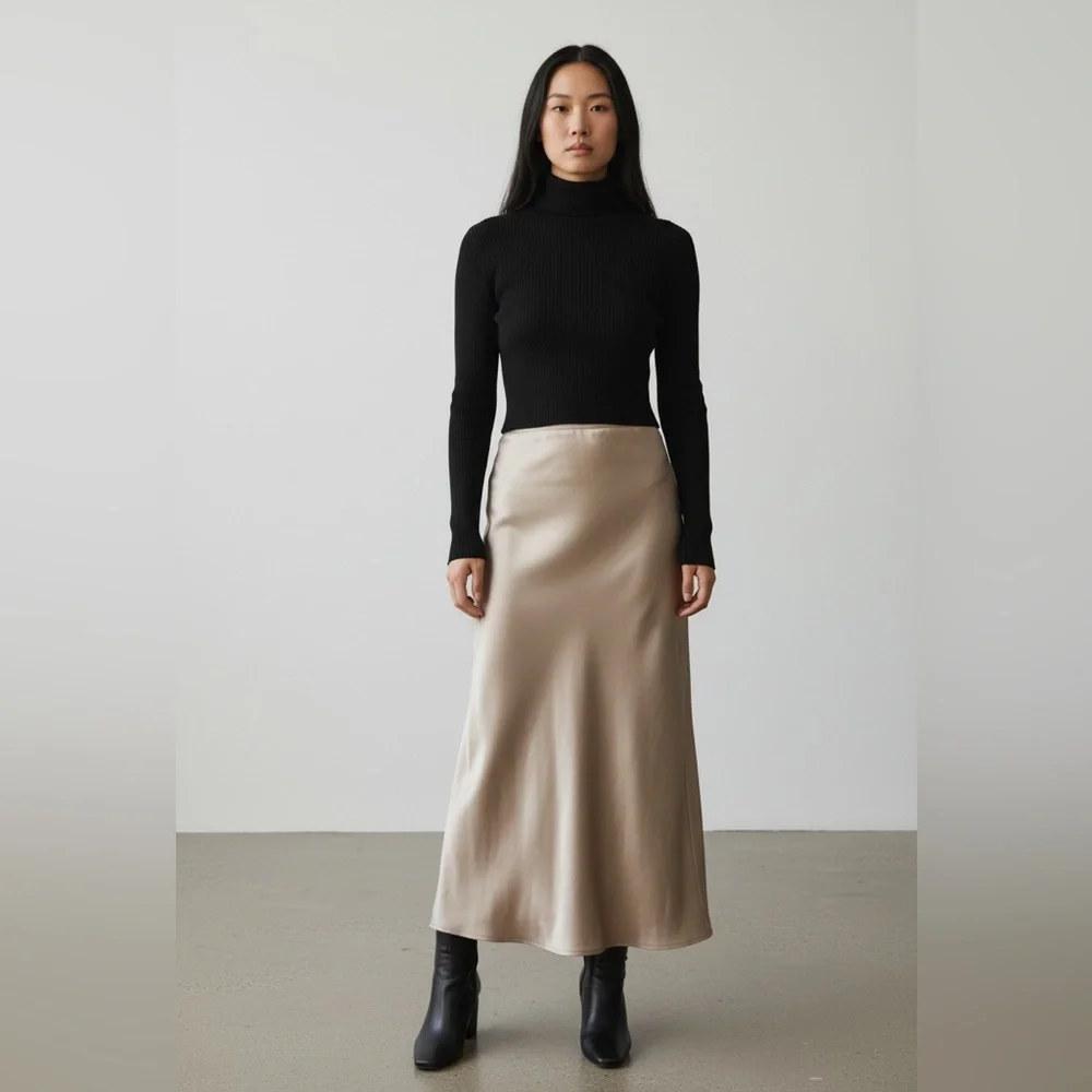 Satin Gold Midi Side Slip High Elastic Waist‎ Party Skirt XL Pull On Bias Cut